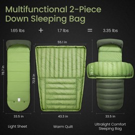 ATEPA Down Sleeping Bag for Adults, 700FP Recycled Wearable Ultralight Cold Weather 3 Season Compact Packable Waterproof Sleeping Bag with Compression Sack for Backpacking Camping Hiking, Green