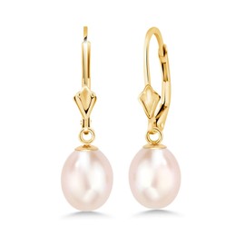 Gem Stone King 14K Yellow Gold 9MM Cultured Freshwater Pearl Dangle Earrings For Women
