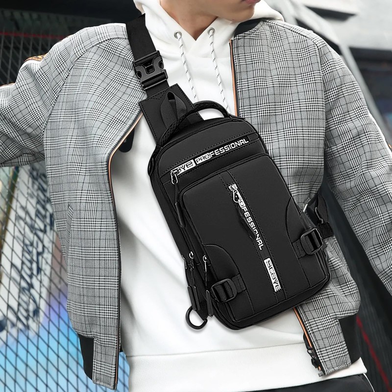FuninCrea Sling Bag Men's PU Leather Shoulder Bag with 4