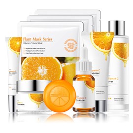Vitamin C Skin Care Set,Facial Kit with Facial Cleanser,Toner,Eye Cream,Face Serum,,Soap,Face Cream & 3PCS Mask,Travel Skincare Kit for Women (9PCS)