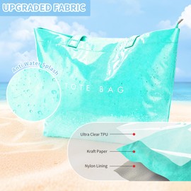 KALIDI PVC Zipper Tote Bag, Kraft Paper Beach Bag Large Hobo Carry All Travel Shopping Handbag Plastic Shoulder Bag (Water Blue)
