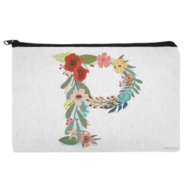 Letter P Floral Monogram Initial Makeup Cosmetic Bag Organizer Pouch