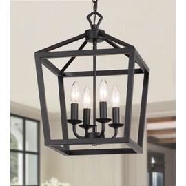 AMZASA Farmhouse Rustic Black Lantern Chandelier Hanging Pendant Light Fixture 4-Lights for Kitchen Island Dining Room Hallway Entryway Foyer UL Listed