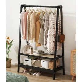 O5ceanLuxe Bamboo Clothes Rack,Garment Rack with Double Shelves,Freestanding Portable Clothes Rack for Hanging Clothes,Coat Rack 37.4" Wx15 Dx60.6 H (Black)