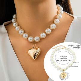 Rrdaily Chunky Puffy Heart Choker Necklace for Women,Gold Big Heart Pendant Necklace Pearl Chain Heart Necklaces Y2k Necklace Trendy Jewelry Accessories Girls Gifts (Gold1)