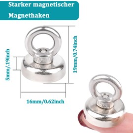 MIN CI 8 x Magnetic Hooks, Extra Strong, 16 mm Neodymium Magnets, Extra Strong Tensile Force, 12 kg, Eyelet Magnet Hooks, Round Magnet with Eyelet, Magnetic Hook for Hanging, Cruise, Iron Doors, Pot
