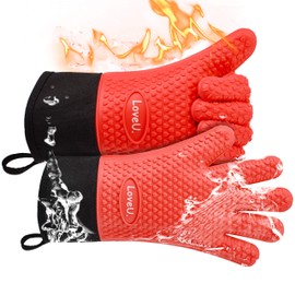 Loveuing Kitchen Oven Gloves - Dual-Layer Heat Resistant Grilling Gloves, Silicone Oven Mitts with 5 Fingers, Waterproof Non-Slip Pot Holder for Barbecue, Cooking, Baking (XL-XXXL, Red Long)