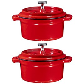Set Of 2 Enameled 8 Ounce Cast Iron Mini Dutch Oven Round Cocotte with Lid, Nonstick Enameled Coating Ramekin, Red