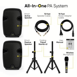 Bowens 8-Inch Bluetooth PA Speaker Set – Portable Speakers Bluetooth Wireless Microphone with Stands and Cable – Party Speaker & DJ Speakers Outdoor Sound System, PA System Set for Events, Karaoke