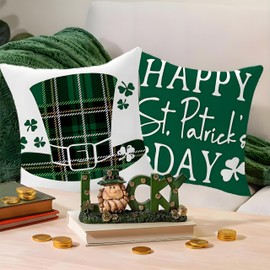 4Pcs St Patricks Day Pillow Covers 18x18 Inch - St. Patrick's Day Green Lucky Shamrock Hat Pillow Cover for St Patricks Day Decor - Holiday Farmhouse Spring Pillow Covers Sofa Home Decorations