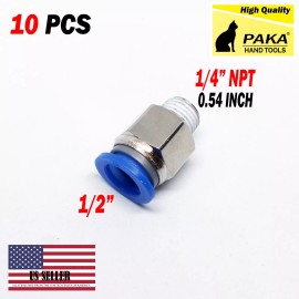 paka TOOLS 10 Male Straight Connector Tube OD 1/2" X  NPT 1/4 PU Air Push In Fitting