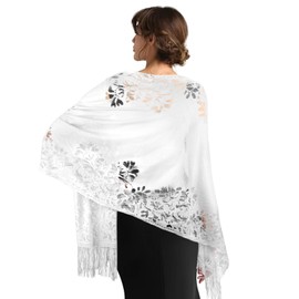 Yetuab White Shawl - Shawls & Wraps for Women's Evening & Wedding Dresses, Pashmina Scarf with Lace, Crochet & Fringe Details, 1920s Style