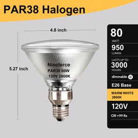 Nioclerce PAR38 Flood Light Bulbs - 2 Pack 80W PAR38 Halogen Bulb 120V Warm White 2800K, PAR 38 Bulb Dimmable E26 Base for Indoor and Outdoor, Long Lasting 950LM PAR 38 Halogen Flood Light