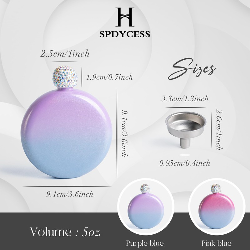 SPDYCESS Luxury Stainless Steel Hip Flask Small 5oz Round Glitter