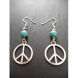 Peace Sign Earrings with Turquoise Howlite and 925 Sterling Silver Hooks Crystal Gift