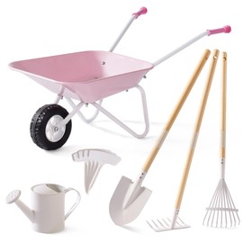 ROBOTIME Kids Wheelbarrow with Gardening Set – Metal Wheelbarrow Toddler Outdoor Play Toy with Garden Tools, Watering Can & Plant Labels, Pretend Play Yard Equipment for Boys and Girls (Pink)