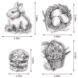 Hying Easter Bunny Eggs Clear Stamps for Card Making, Flowers Basket Rubber Stamps Rabbits Transparent Stamp Seal for Crafting DIY Scrapbooking Photo Album Decorations