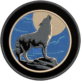 Howling Wolf Moon Patch 3.5" Iron-on Embroidered Applique for Clothing Vest, Sew-on Decorative Embroidery, Badge Emblem, Nature Souvenir, Wild Animals, Outdoor Patches, Stars Mountains Forest, Explore