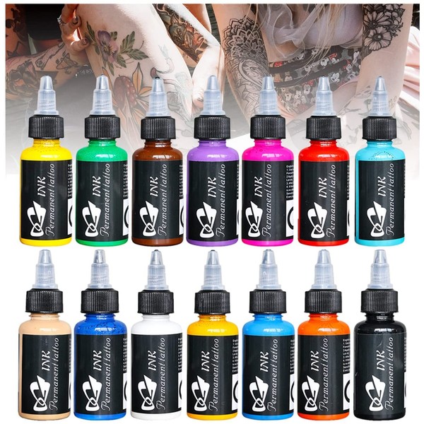 14 Colours Set Red Tattoo Ink Set Black Blue Pigment for Body Painting Permanent Tattoo Eyebrow Makeup 1 Oz / Bottle Brow Tattoo Colour Kit Professional Accessories