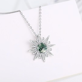 Cuoka Sunburst Sun Necklace 925 Sterling Silver Moss Agate Sun Pendant Necklace, Moss Agate Sun Sunburst Necklace,Fashion Sun Jewelry for Women