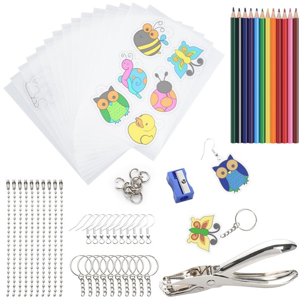 Sinofort 160Pcs Shrinking Plastic Kit,Including15 Shrinking Film Paper,130Pcs Shrinkles Keychains,Colored