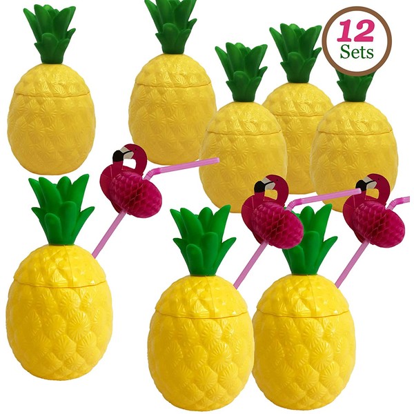 GiftExpress 12-Pack Plastic Pineapple Cups with Flamingo Straws, Hawaiian Party Cups Luau Aloha Party Favor