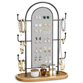 bussdis Jewelry Holder Organizer Earring Display - Stands Earring Storage Earring tree Hanger Jewelry Towers Rack with 6 Hooks 300 Stud Holes Wood Tray for Necklaces Bracelets Rings
