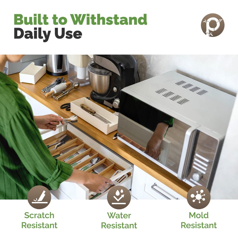Pristine Bamboo Silverware Organizer - Expandable Kitchen Drawer Organizer -