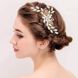 Foyte Crystal Bride Wedding Hair Comb Gold Leaf Bridal Headpieces Rhinestone Flower Hair Side Comb Hair Accessories for Women and Bridal