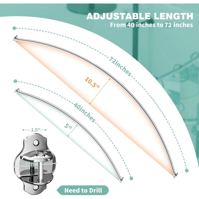 Unbranded Curved Shower Curtain Rod, Adjustable 40-72 Inches Extra Wide