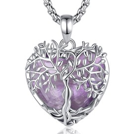 AEONSLOVE Tree of Life Necklace with Crystal, Tree of Life Moonstone Necklace for Women Turquoise Amethyst Pendant Obsidian Malachite Stone Chain Healing Stones Jewellery, Copper copper Amethyst