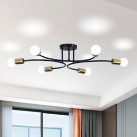 FRIXCHUR Modern Semi Flush Mount Ceiling Light Fixture 6-Lights Sputnik Chandelier Light Black and Gold Close to Ceiling Light Fixture for Living Room Bedroom Kitchen