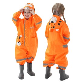 YIQAUMA Kids Toddlers Rainsuit Boys Girls One Piece Rain Coat Waterproof Coverall Rain Suit (Orange, 8 Years)