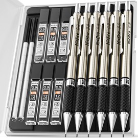 Nicpro 0.9 mm Art Mechanical Pencils Set in Gift Case, 6 PCS Metal Drafting Pencil 0.9mm with 6 Tube HB Lead Refills & 18 PCS Eraser Refills for Adults, Children, Artist Writing, Drawing, Sketching