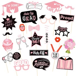 JOJO FLY 24 Pieces Graduation Photo Booth Props 2025, Pink Graduation Decorations 2025, Graduation Party Supplies, Class of 2025, Congrats Grad