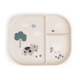 Done by Deer Foodie Dinner Plate Tiny Farm Beige, 22 x 18 x H 2 cm - Plate with Dividers and Practical Non-Slip Base - Plastic Plates Made of 100% Food Grade PP with Non-Slip TPE