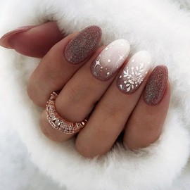 Christmas Press on Nails Almond Date Red Fake Nails White Snowflake False Nails with Gradient Glitter Design Stick on Nails Medium Acrylic Nails Winter Glue on Nails for Women Girls 24 Pcs
