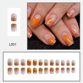 24Pcs Fall Press on Nails Short Square Fake Nails with Gold Glitter French Tip Design Full Cover Artificial Thanksgiving Nails Maple Leaf False Nails Autumn Stick on Nails for Women Acrylic Manicure