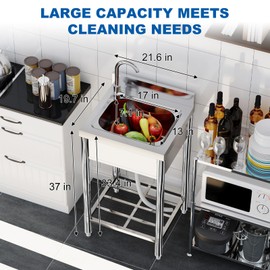 21''x20''x37'' Free Standing Stainless Steel Kitchen Sink with 360° Rotating Faucet, Hot and Cold Water Supply, and Storage Rack for Kitchens, Restaurants, and Outdoor Areas