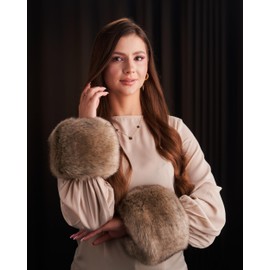 Futrzane Siberian Cuffs - Fur Wrist Cuffs for Women - Fluffy Warmers for Sleeves (Beige Siberian)
