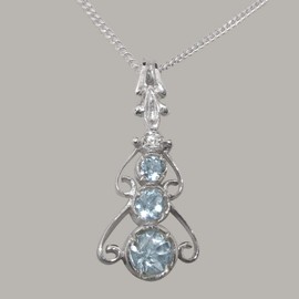 925 Sterling Silver Real Natural Aquamarine & Cubic Zirconia Womens Bohemian Pendant & Chain Necklace - Chain length 18