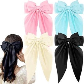 4Pcs Bow Hair Clips for Women Big Silky Satin Tassel Ribbon Large Long Ponytail Holder Cute Oversize Metal Barrettes Curly Fine Thick Thin Hair Accessories (Style 1, One size)