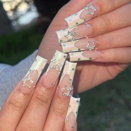 Long Coffin Press on Nails Square Fake Nails with Nude White 3D Rhinestone Pentagrams Designs French Tip False Nails Long Coffin Square Full Cover Glue on Nails Glossy Acrylic Thick Stick on Nails for Women Girls 24Pcs CZ383
