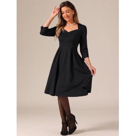 Allegra K Women's Elegant 3/4 Sleeve High Waist Sweetheart Neck A-Line Pleated Midi Dress Large Black