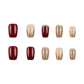 RUOKEXIN Coffin Press on Nails Short Fake Nails Gold Glitter False Nails with Rhinestones Designs French Nail Press ons Sparkly Glue on Nails Red Artificial Nails Cute Stick on Nails for Women 24Pcs