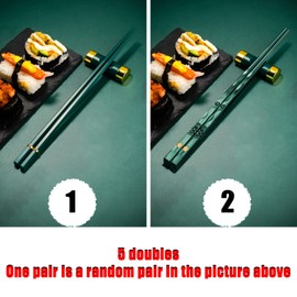 Fiberglass Chopsticks Reusable 5 Pairs Multi-Style Chopstick Set Chinese Japanese Chop Sticks Multipack Fancy Chopsticks Anti-Skid Design Dishwasher Safe for Sushi Asian Dishes(Green)