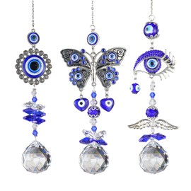 CIXVOEMK Blue Devil's Eye Crystal Sun Catcher Pendant Light Shadow Garden Decor Crystal Wind Chimes Rainbow Garden Sunshine Collection Suncatcher Crystal Ball Patio Curtain Decoration 3PCS
