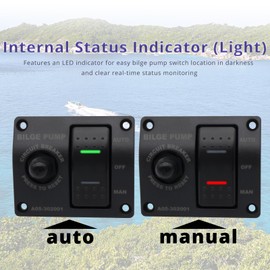 HUIXHAO 3-Way Bilge Pump Rocker Switch Panel 12V 24V,Automatic, Off, and Manual to Control Marine Switch Panel with Built-in 15A Circuit Breaker,Boat Switch Panel Waterproof, Led Indicator