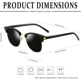 KANASTAL Half Frame Sunglasses Men and Women Classic Retro Polarised Half Frame Sunglasses UV400 Protection with Metal Frame for Driving Fishing Hiking and Everyday Use, D-Black/Polarized