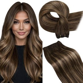 Hetto Weft Hair Extensions Real Human Hair Balayage Sew in Hair Extensions Dark Brown Ombre to Caramel Blonde Double Weft 70g/Pack 12 Inch #4/27/4